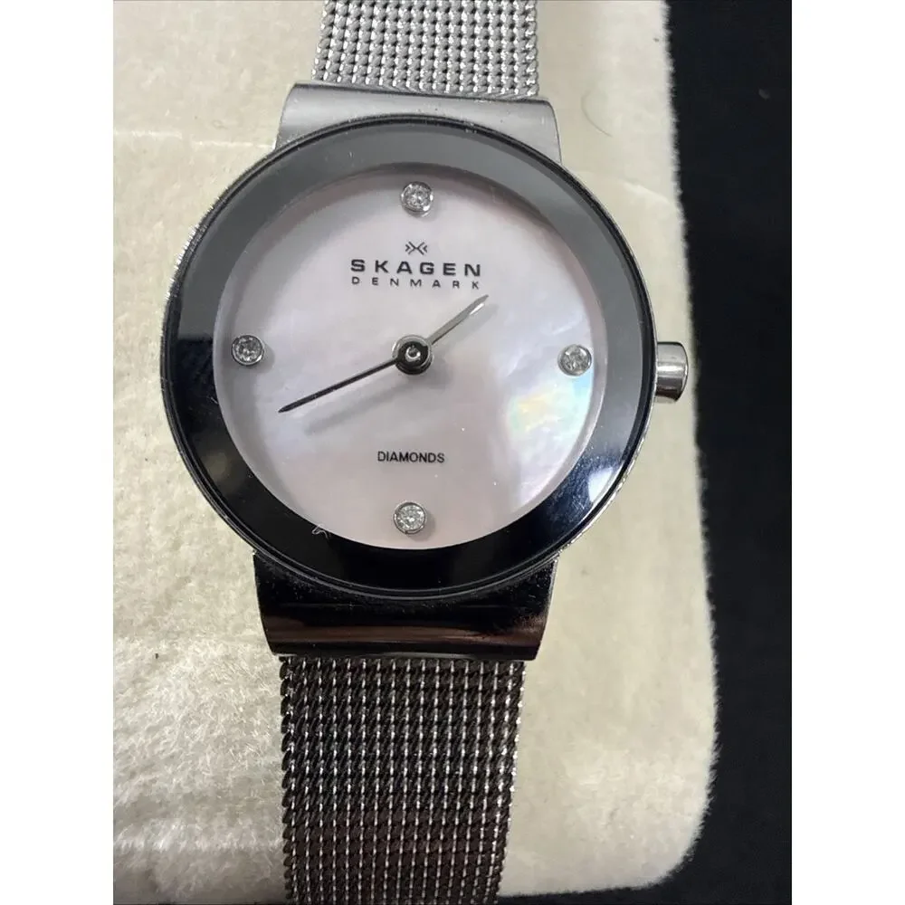 Womens Skagen Denmark Ultra Slim Mother Of Pearl Dial Diamond Accent Minimalist